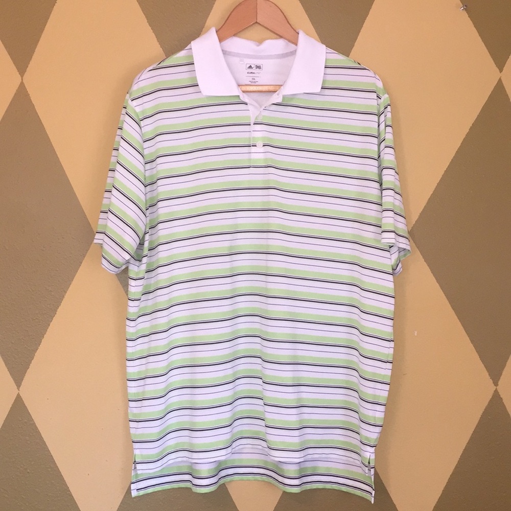 Mens Adidas Golf Climalite Polo XXL White w/Green, Purple & Black Stripes